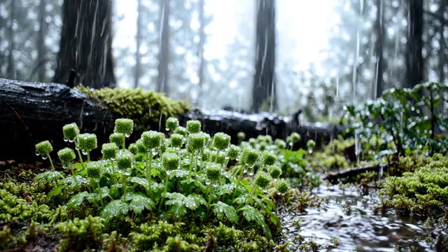 A colony of moschatel on a dark forest floor in rain