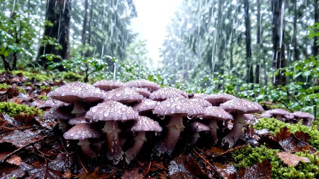 A ring of deceiver mushrooms in dark leaf litter