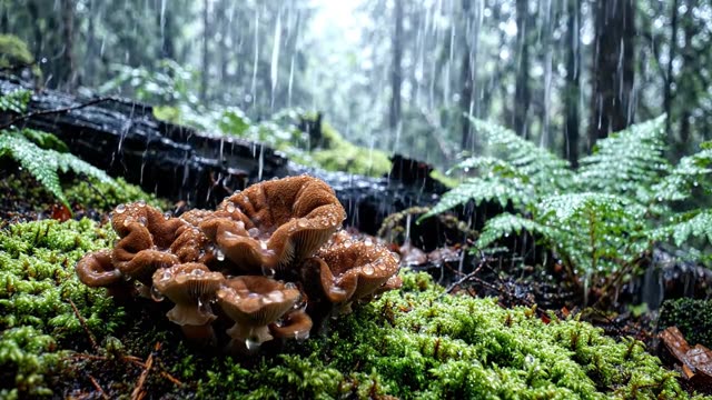 A cluster of tawny grisette mushrooms in dark forest litter