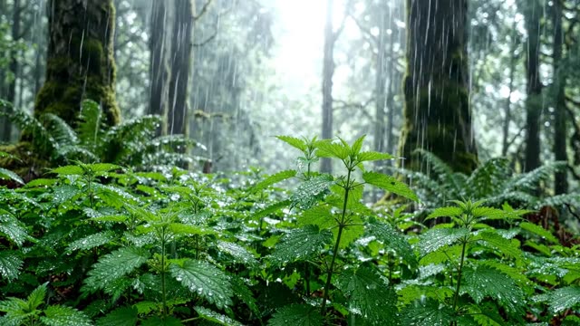 A dense stand of nettles in forest rain