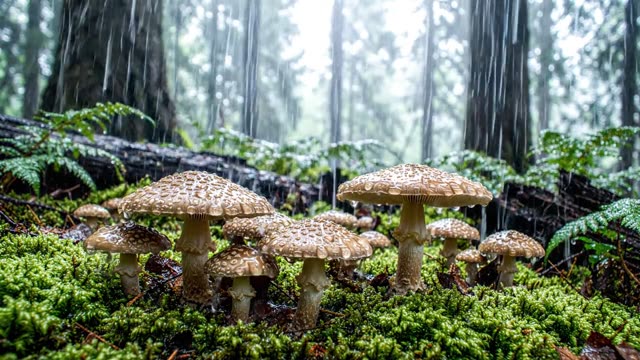 A scattered colony of panther cap mushrooms in rain