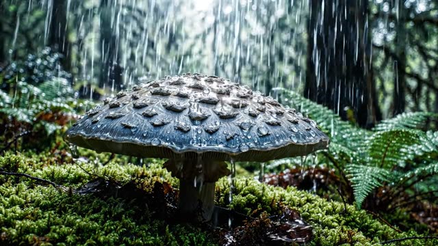 A single giant parasol mushroom cap in rain