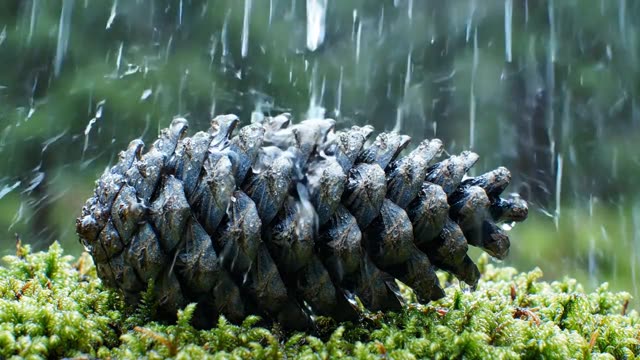 The scales of a pine cone collecting water