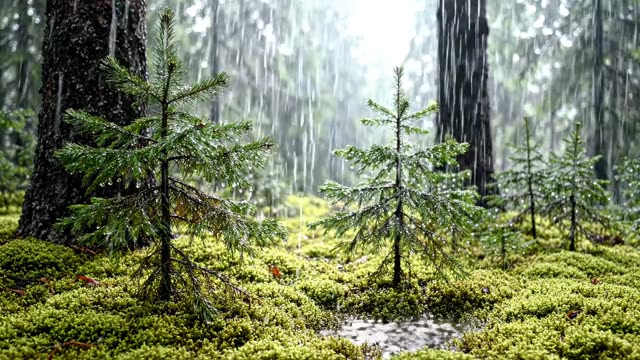 Pine saplings emerging from a mossy ancient floor