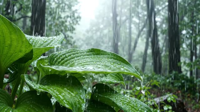 A single broad hosta leaf collecting rain in its channels