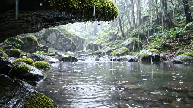 A pool fed by multiple drips from a mossy overhang