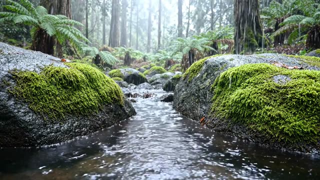 A rain-filled hollow between two mossy boulders