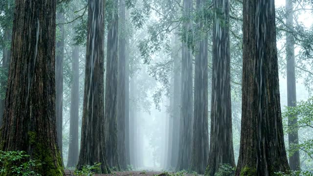 Rain mist between receding rows of identical trunks