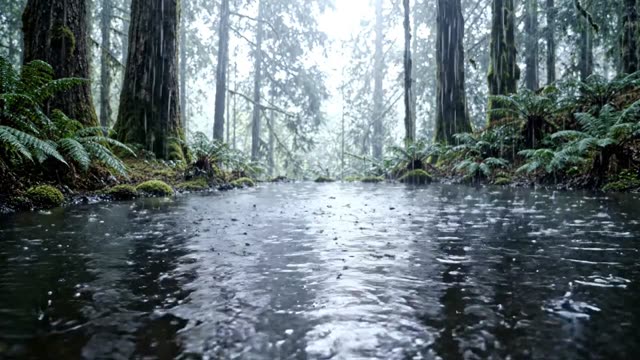 Rain rings on a still forest pond at dusk