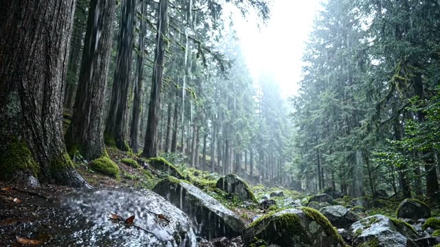A long forest wall with trees beyond dissolving in rain