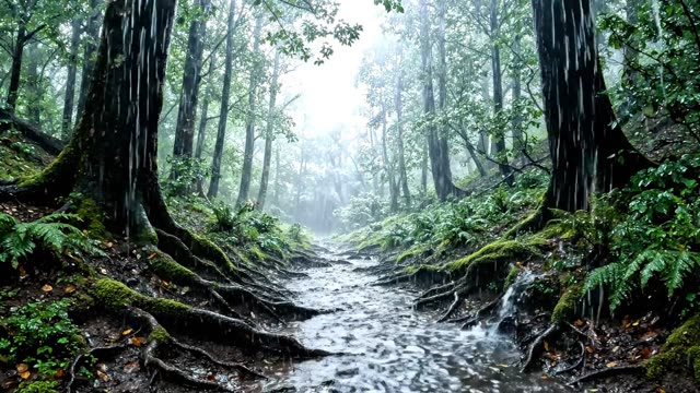 A dark hollow way through ancient forest in heavy rain