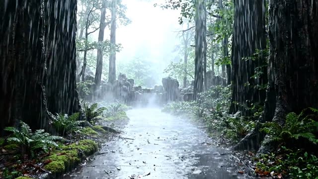 A long straight forest ride dissolving into rain and mist