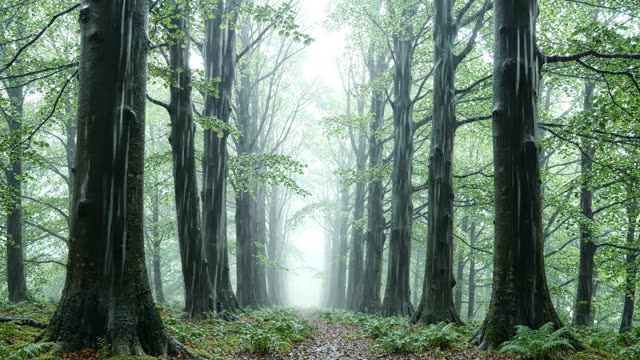 A long avenue of old beeches disappearing into rain