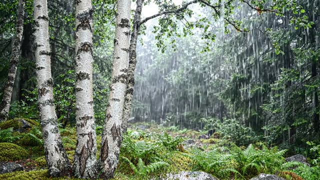 A stand of birches in rain, bark gleaming white
