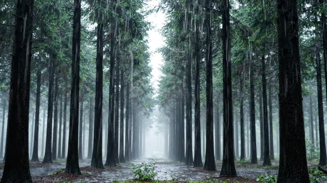 A dark conifer plantation in steady rain