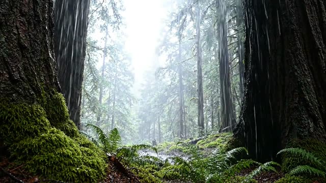 Rain mist seen from inside a dark forest hollow