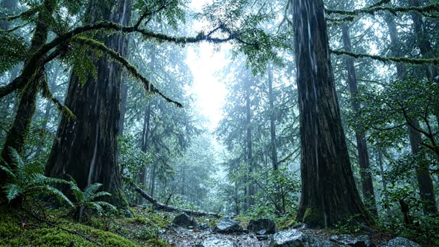 A dark forest at first light in heavy rain