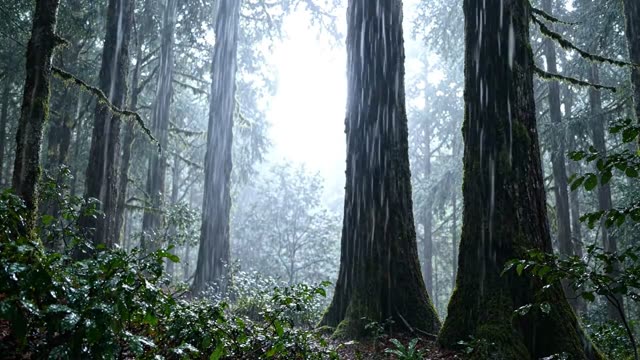 A dark forest interior with rain dripping from every branch
