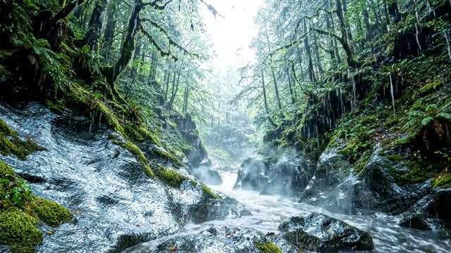 A forest stream gorge in heavy rain and rising mist