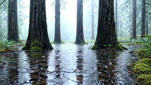 Rain on the flooded forest floor between dark trunks