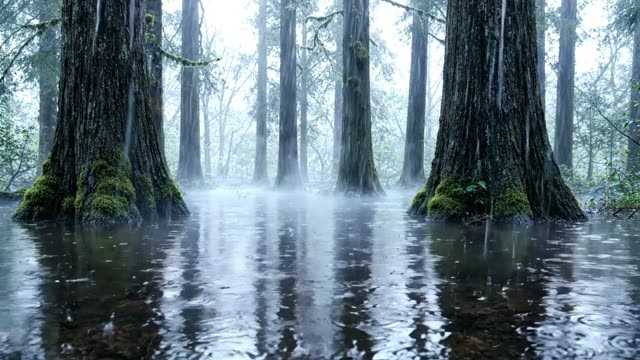 A flooded forest floor with mist rising from the water (1)