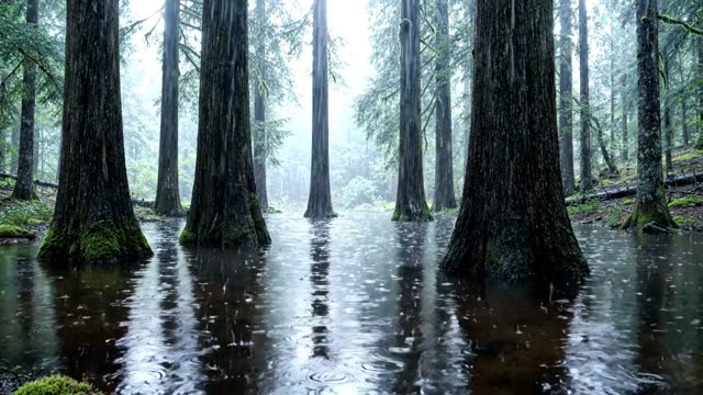 A flooded forest hollow with trunks rising from still water