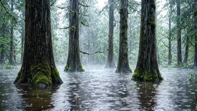 A flooded ancient woodland in rain and mist