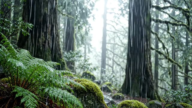 A dark forest at dawn after a night of heavy rain