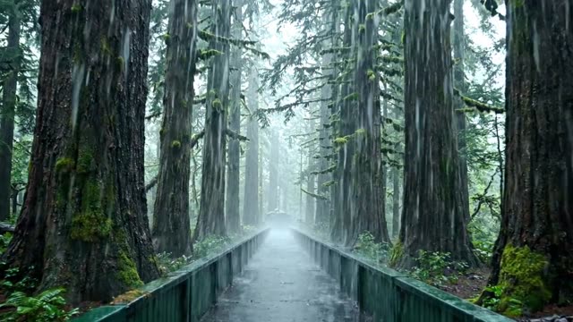 A canal feeder stream from dark forest in rain
