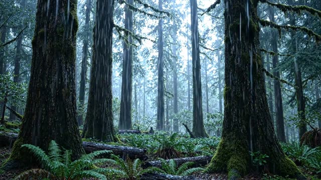 A dark ancient forest floor in mist and drizzle