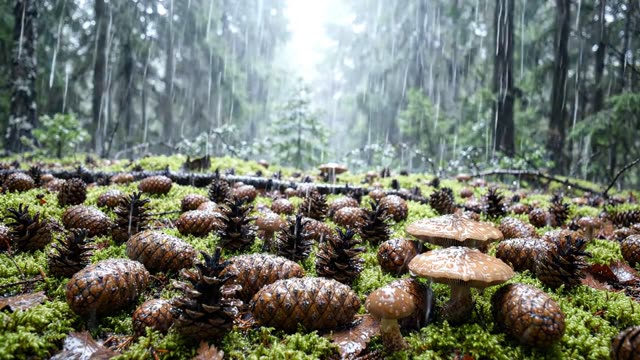 A forest floor scattered with fallen pine cones and caps