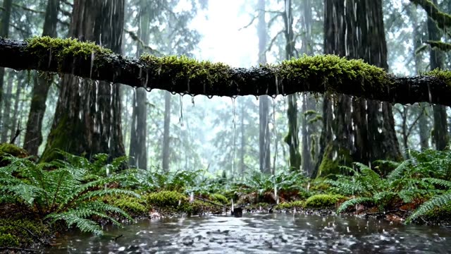 Rain falling through layers of forest depth into darkness