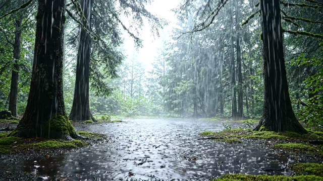 A clearing in the forest ringed by dark trees in heavy rain
