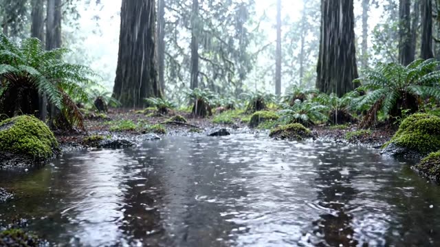 A forest clearing with a wide shallow puddle after heavy rain
