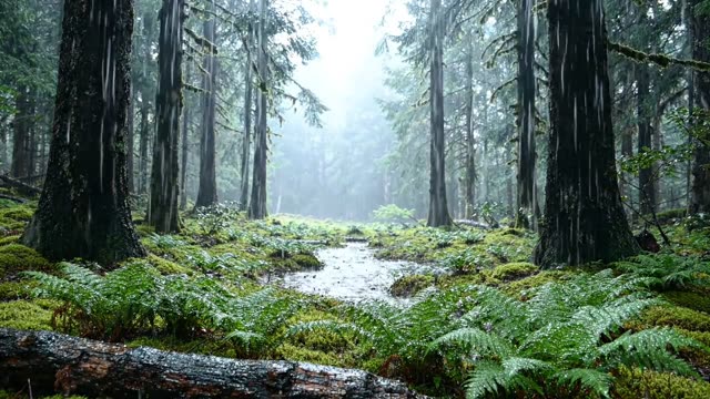 A series of forest clearings receding in rain
