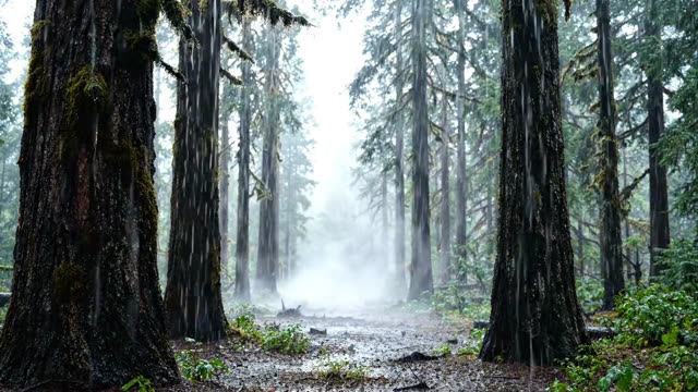 A long forest firebreak filled with rain mist