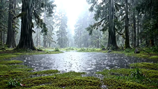A large forest glade with a standing pool in heavy rain
