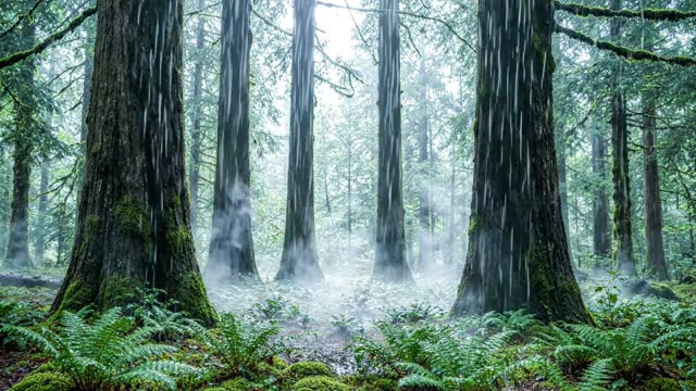A forest grove with ground mist at knee height