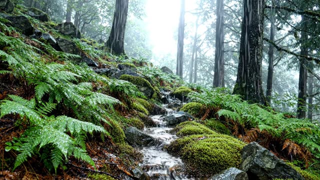 A rain-fed runnel in a forest hillside emerging from bracken