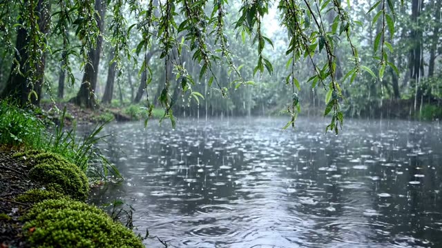 A forest pond margin with overhanging willows in rain