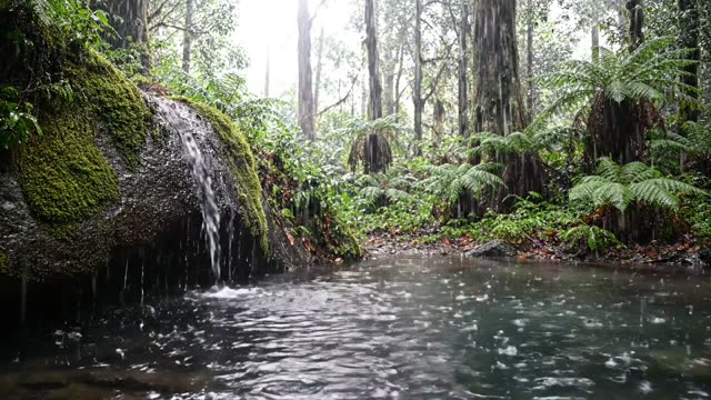 A dark pool below a forest rockface receiving a trickle