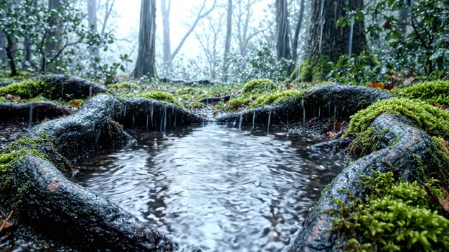A rain puddle in a forest hollow with overlapping oak roots