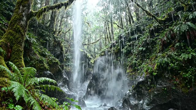 A long thin waterfall seen from below looking up (1)