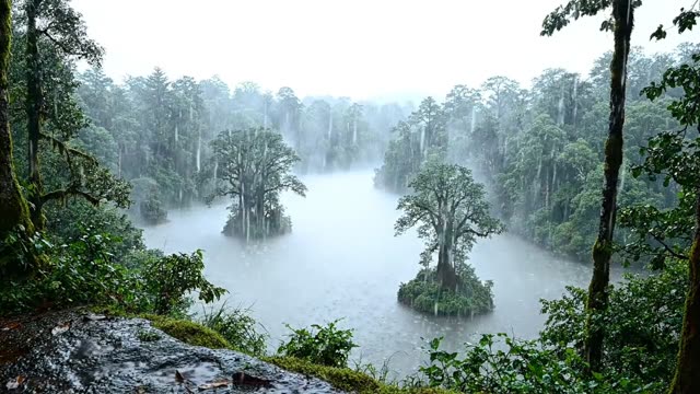 A forest valley with a stream invisible in the rain mist