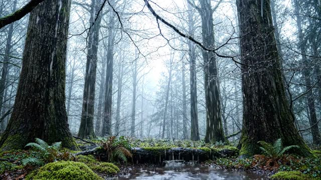 A cathedral forest interior in deepest winter rain