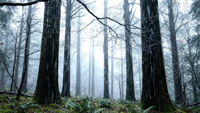 A winter forest with no leaves, all grey and silver in rain