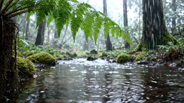 A drip chain from an overhanging fern into a stream