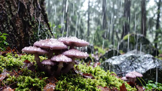 Amethyst deceiver mushrooms gleaming in dark forest