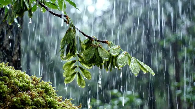 A cluster of ash keys glistening in steady rain