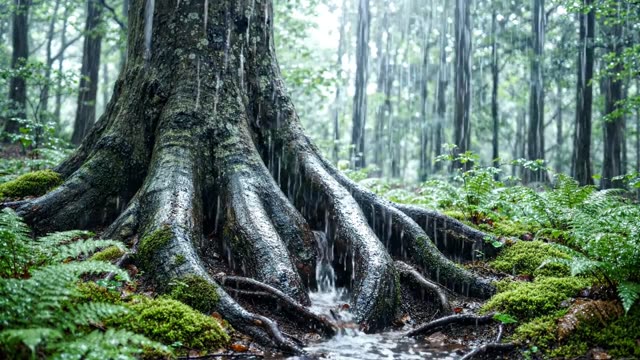 Rain on the root buttresses of a large forest beech